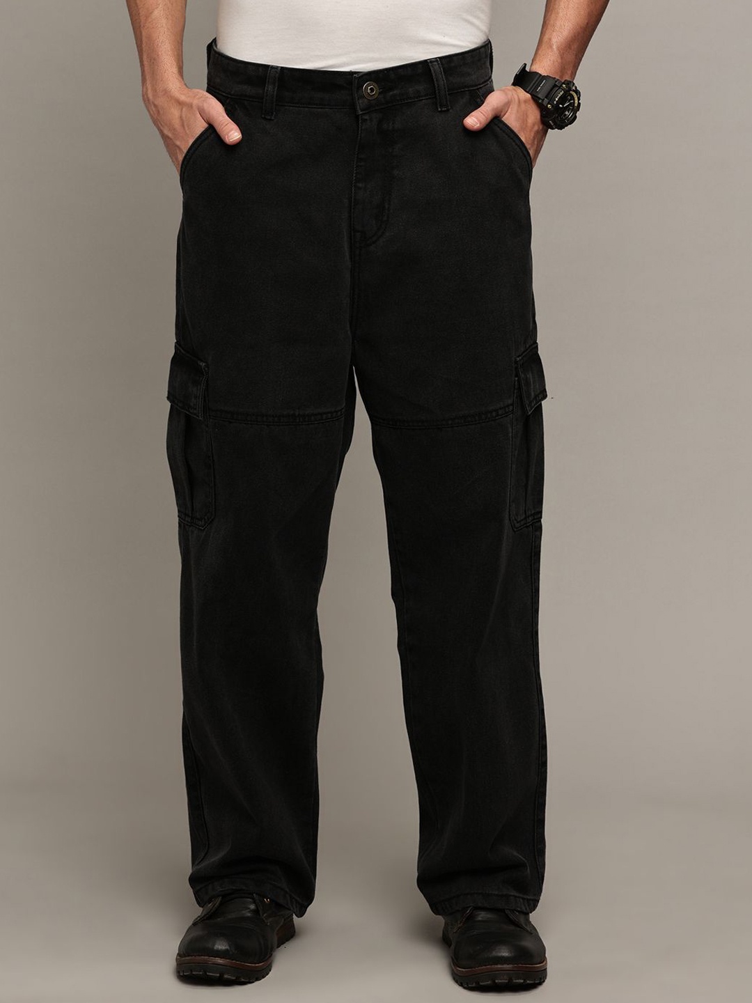 

The Roadster Lifestyle Co Pure Cotton Cargo Jeans, Black