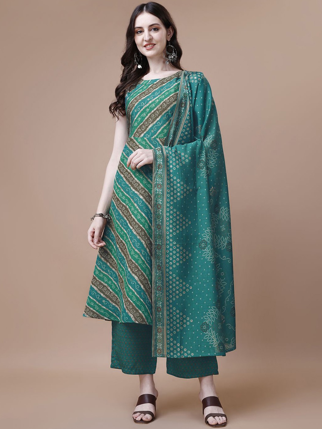 

KALINI Bandhani Printed Sleeveless A-Line Kurta With Palazzos & Dupatta, Green
