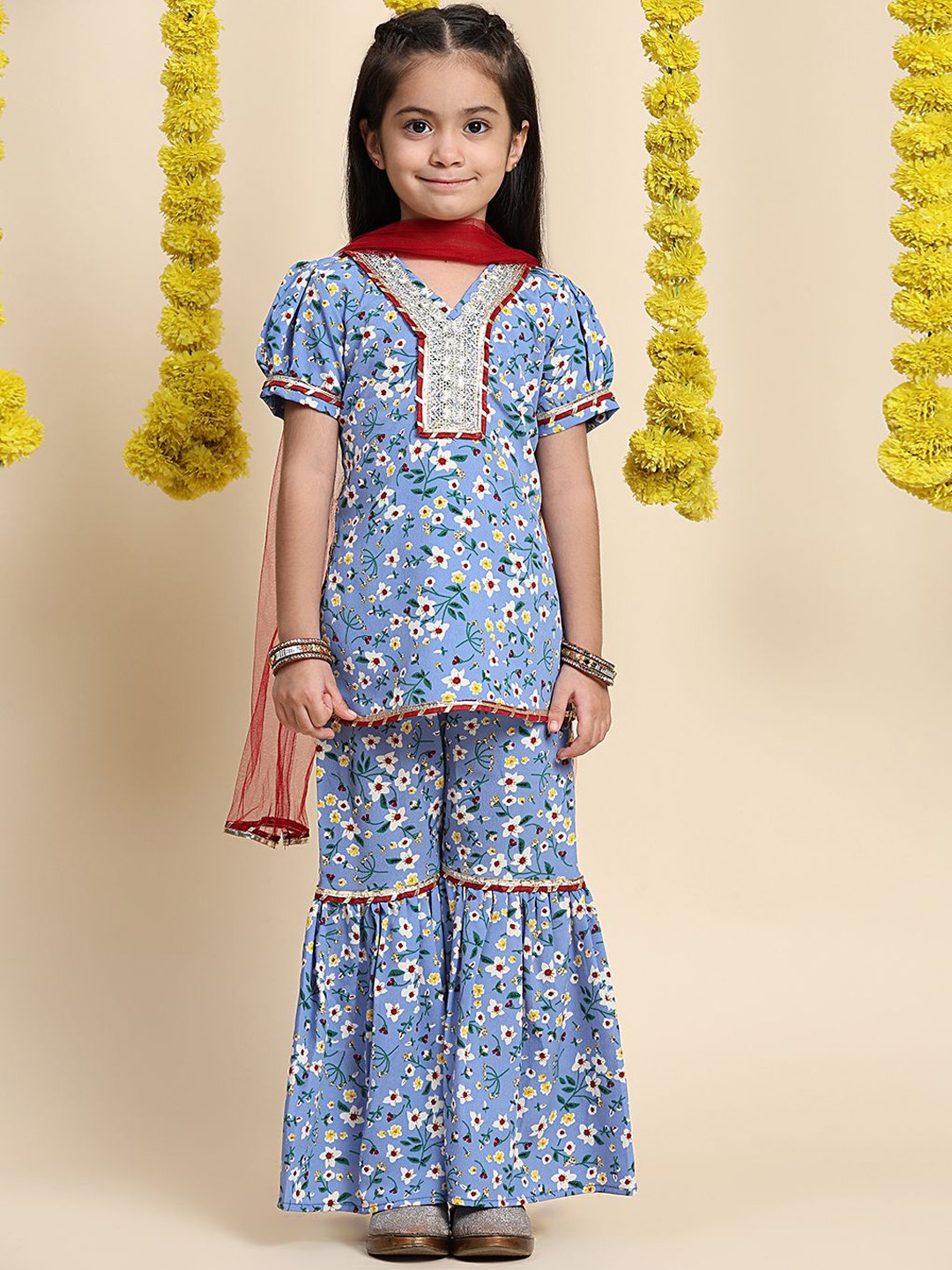 

Cutiekins Girls Floral Printed Empire Gotta Patti A-Line Kurta with Sharara & Dupatta, Blue