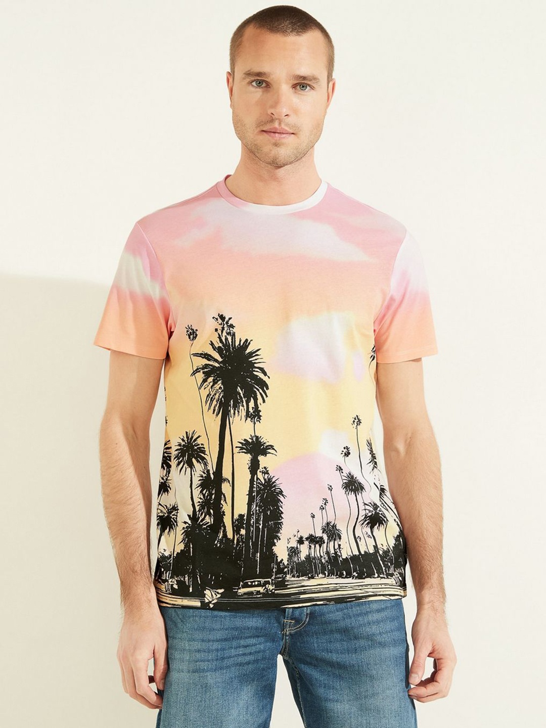 

GUESS Men Floral Tropical Printed Pockets T-shirt, Pink