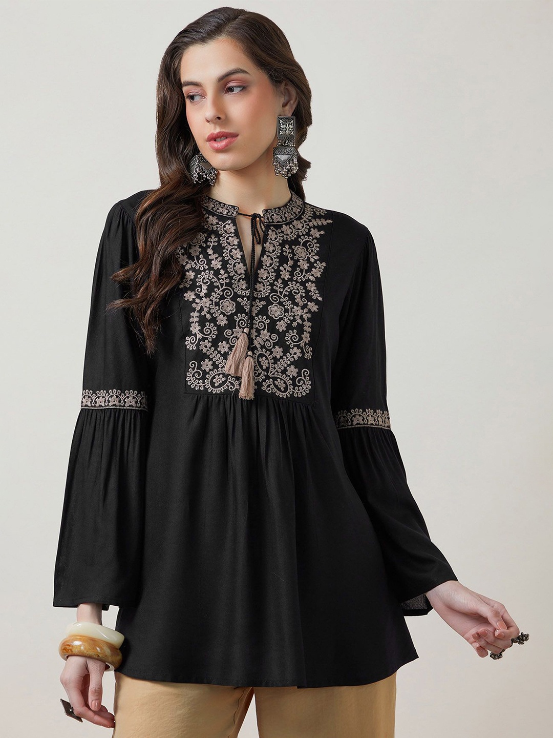 

Soch Floral Embroidered Tie-Up Neck Mandarin Collar Tunic, Black