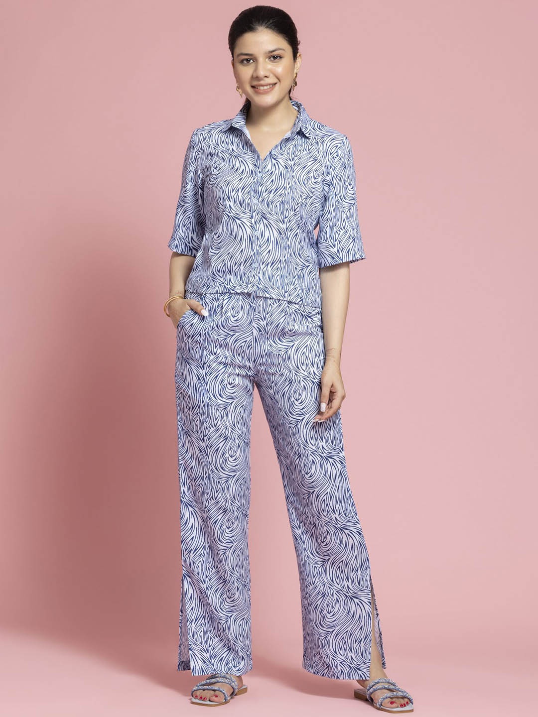 

SEW YOU SOON Printed Shirt Sleeves Shirt With Trousers, Blue