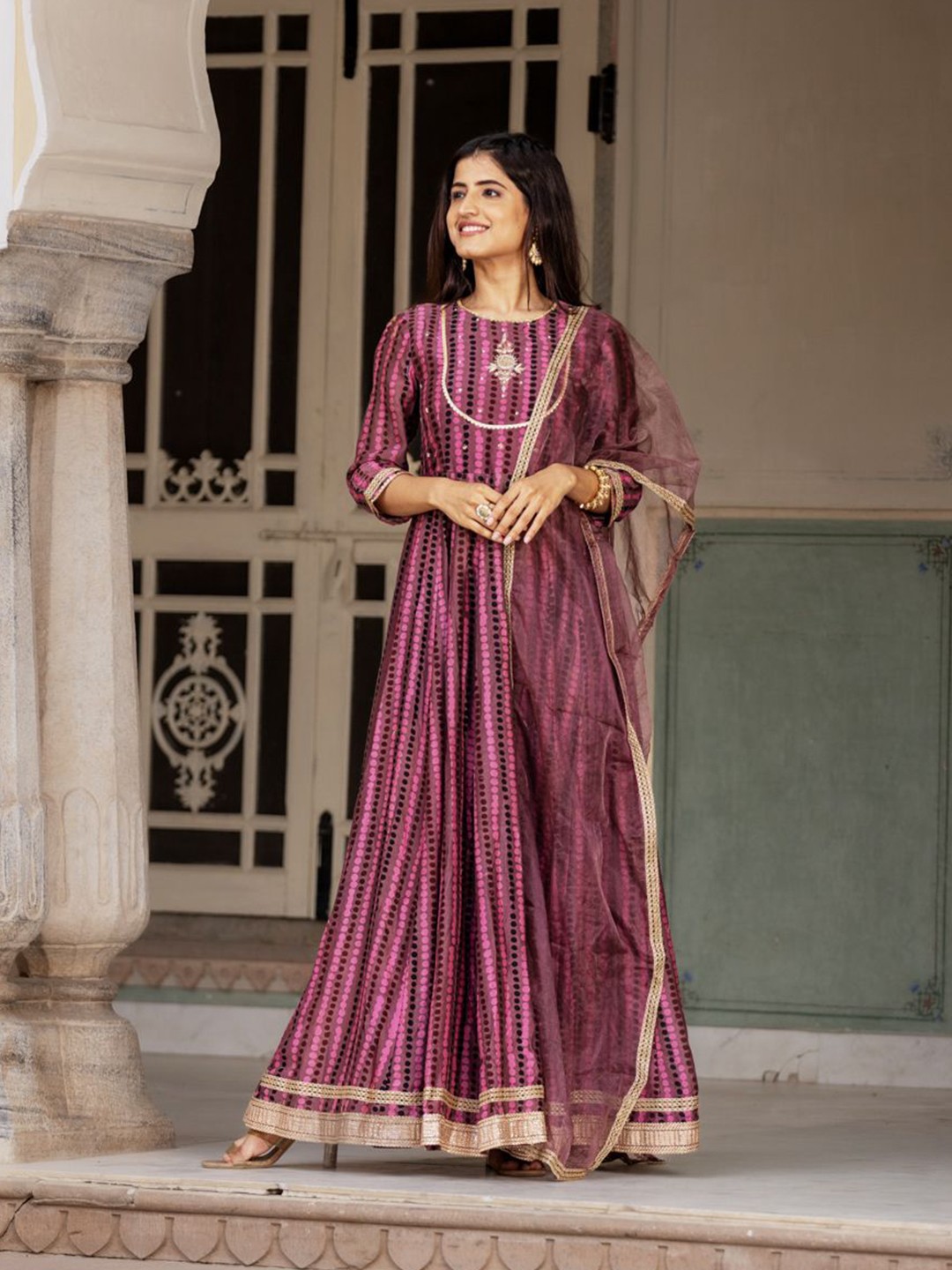 

Ambraee Striped Panelled Anarkali Kurta With Dupatta, Purple