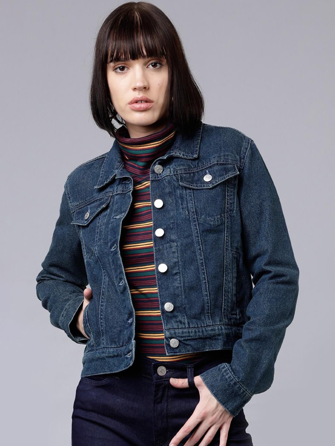 

Tokyo Talkies Women Washed Crop Denim Jacket Embroidered, Blue