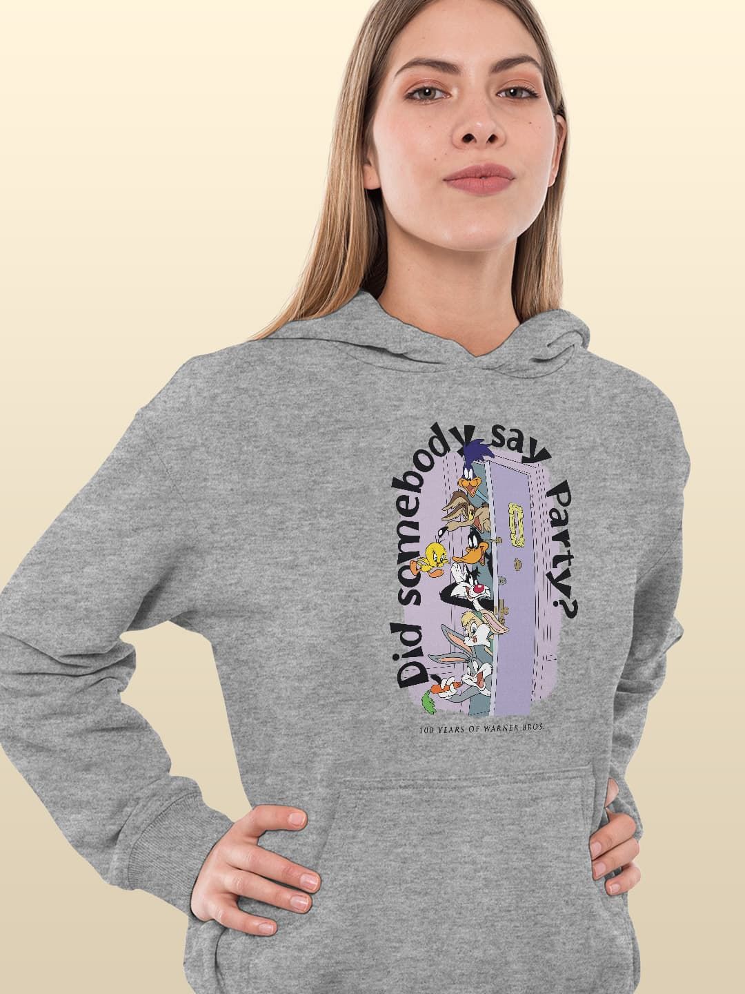 

macmerise Women Printed Hooded Sweatshirt, Grey