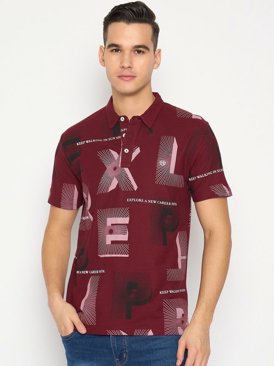 

Duke Men Graphic Printed Polo Collar Cotton Slim Fit T-shirt, Maroon