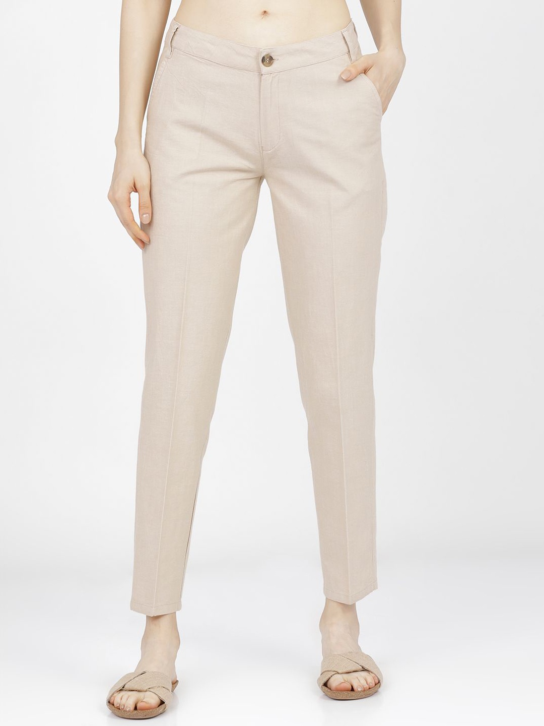 

Tokyo Talkies Women Cotton Mid-Rise Flat-Front Tapered Fit Trousers, Beige