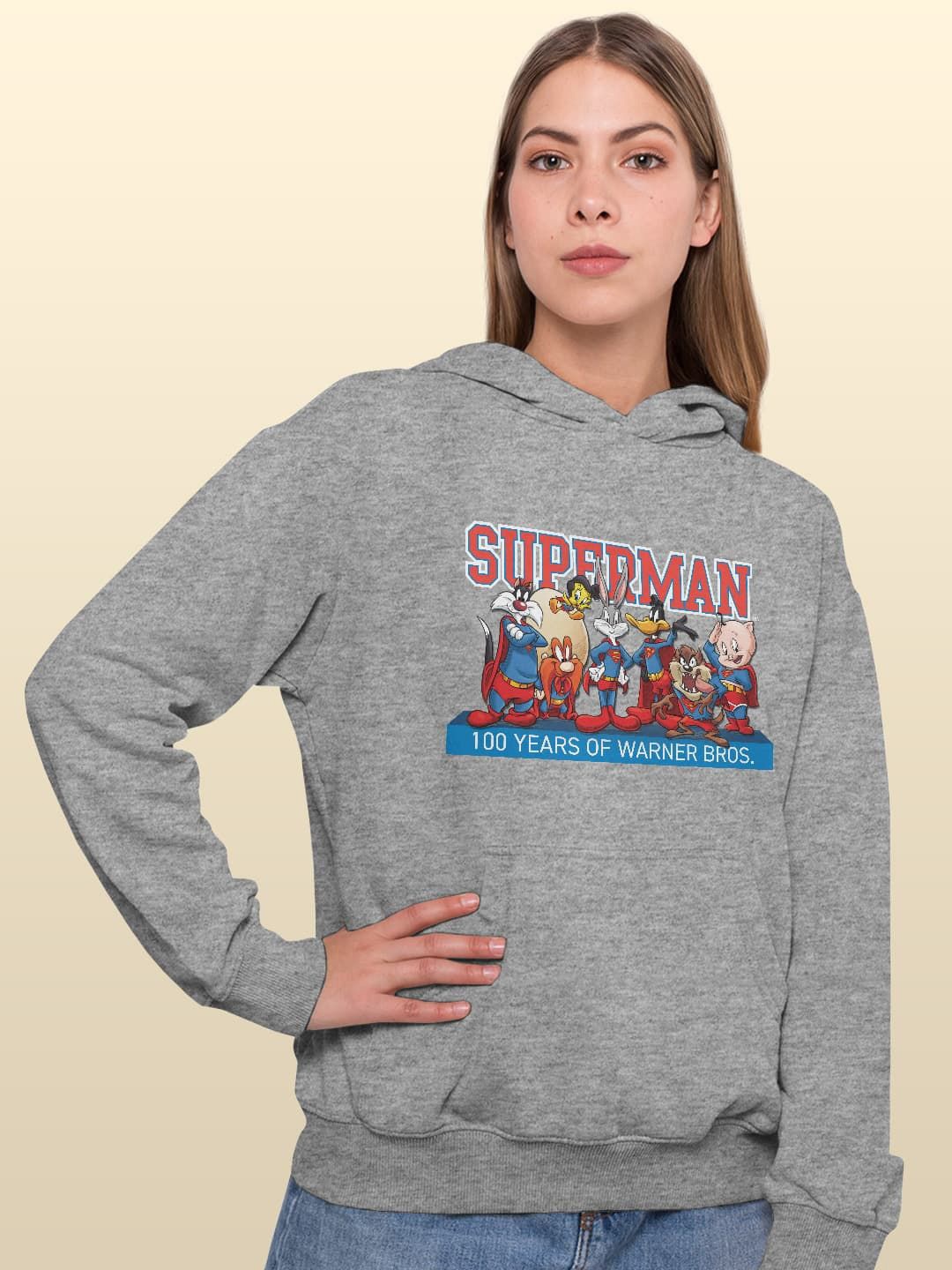 

macmerise Women Printed Hooded Sweatshirt, Grey