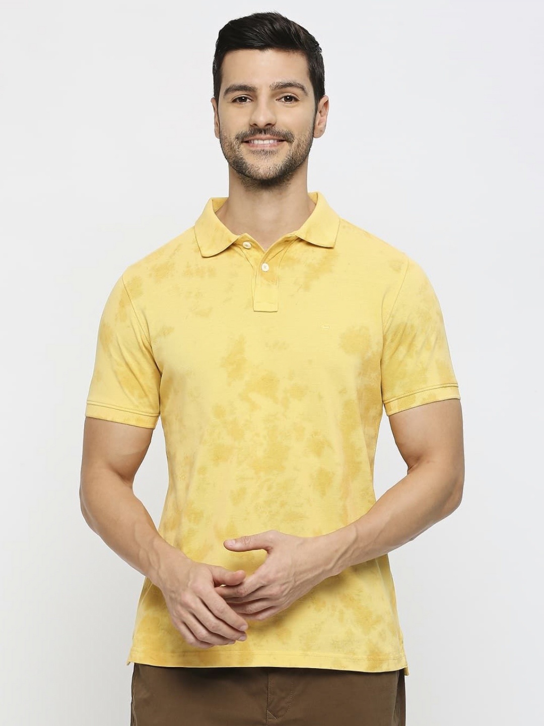 

Basics Men Tie and Dye Printed Polo Collar Cotton Slim Fit T-shirt, Yellow