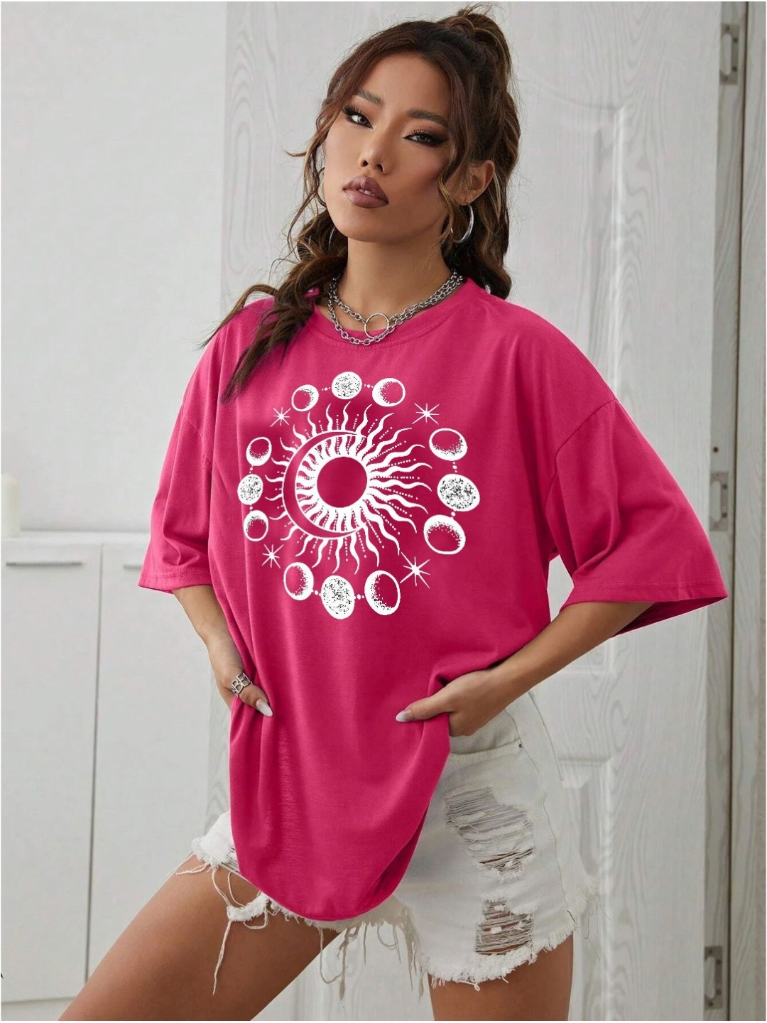 

TABADTOD Women Graphic Printed Oversized T-shirt, Pink