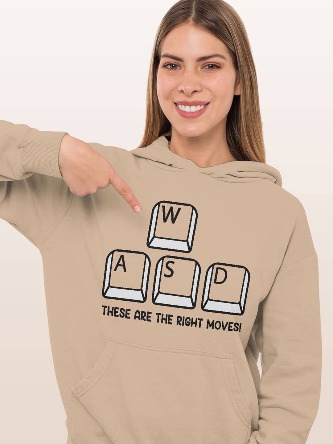 

macmerise Women Printed Hooded Sweatshirt, Beige