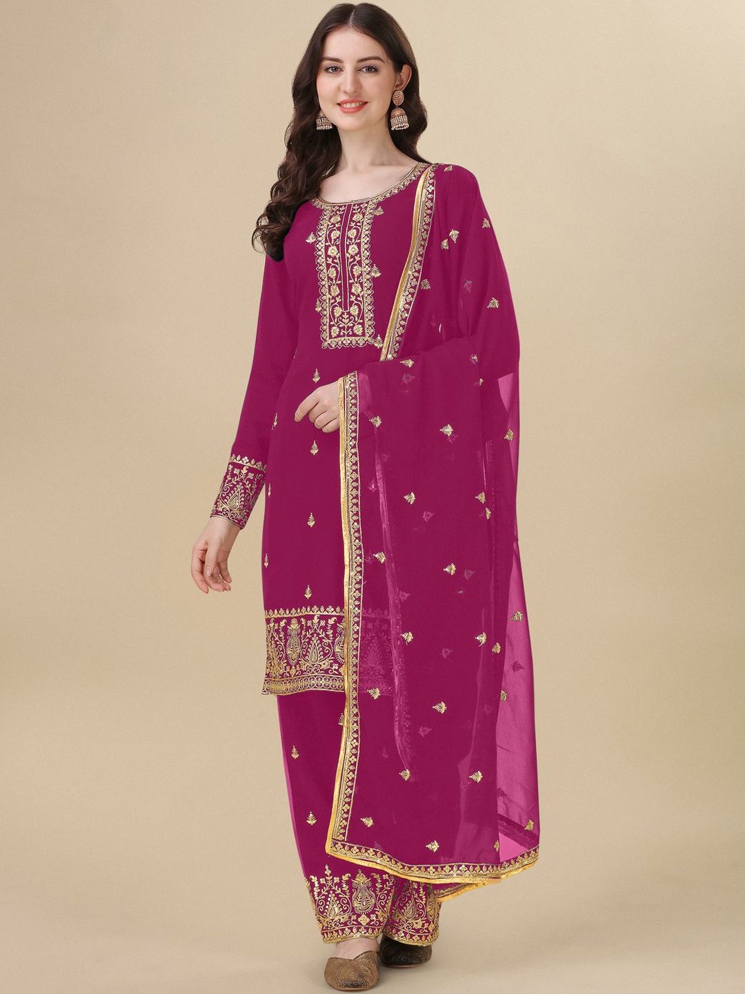 

KALINI Floral Embroidered Silk Georgette Semi-Stitched Dress Material, Pink