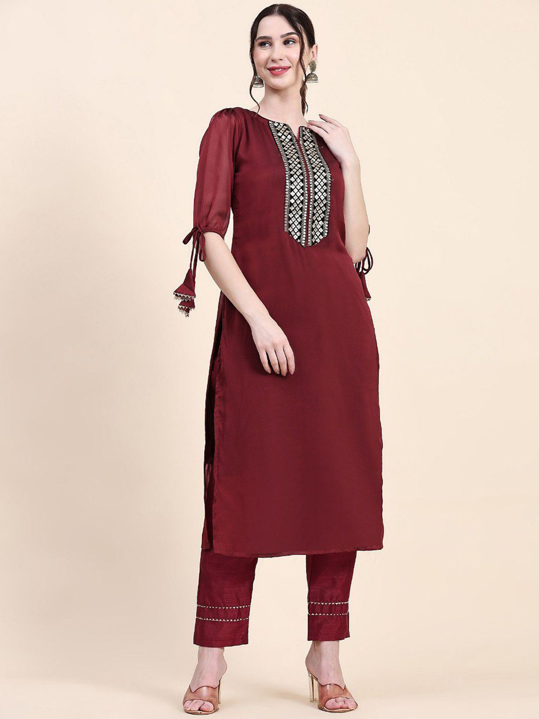

Siya Fashion Ethnic Motifs Yoke Design Sequinned Straight Kurta With Palazzos, Maroon