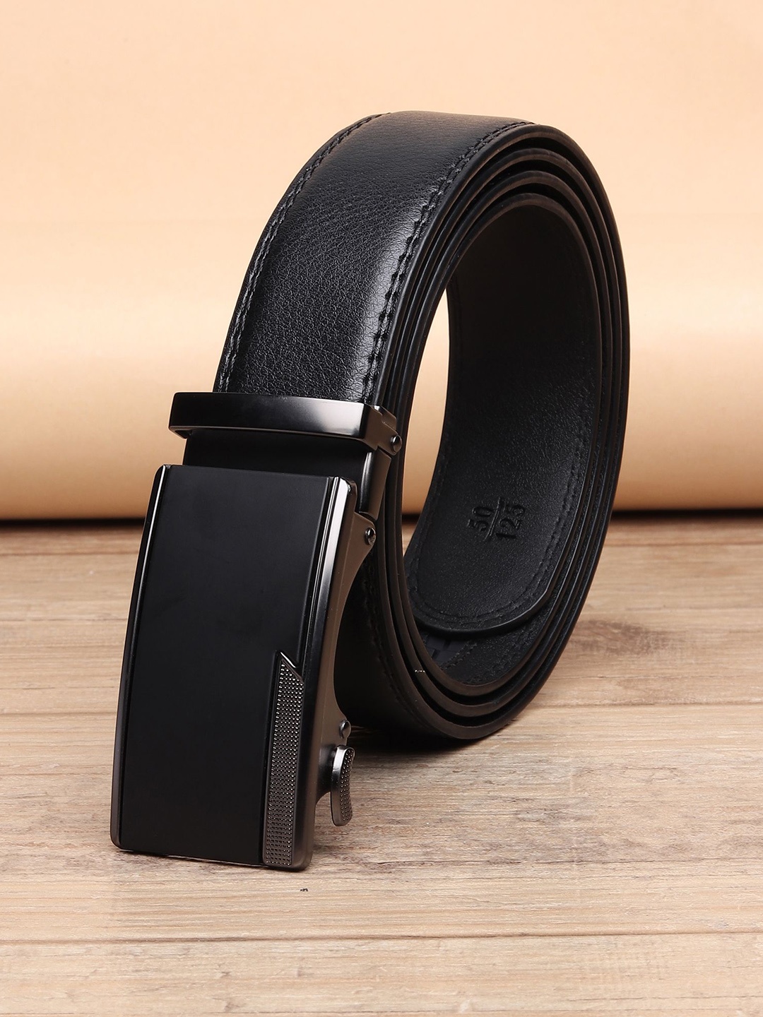 

WINSOME DEAL Men Slider Buckle Closure Textured Formal Belt, Black