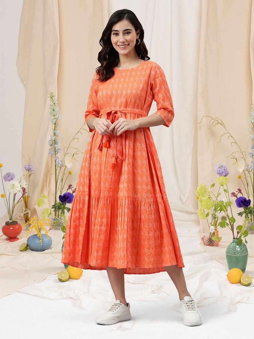 

SIJOPA Printed Fit & Flared Ethnic Dress, Orange