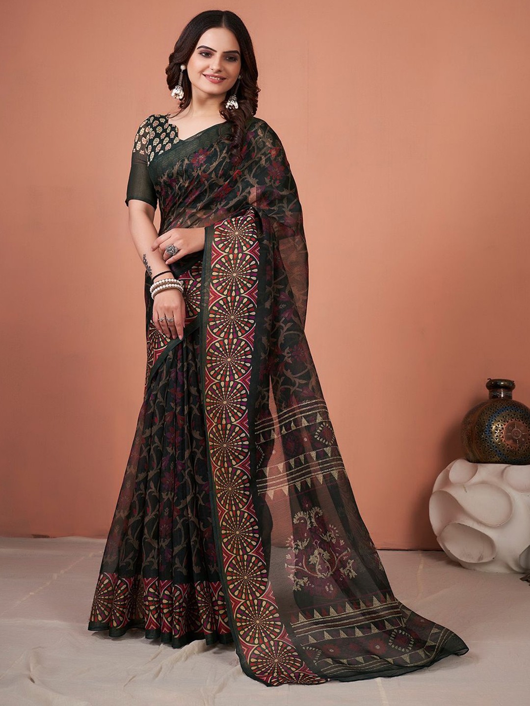 

Saree mall Ethnic Motifs Bagh Sarees, Green