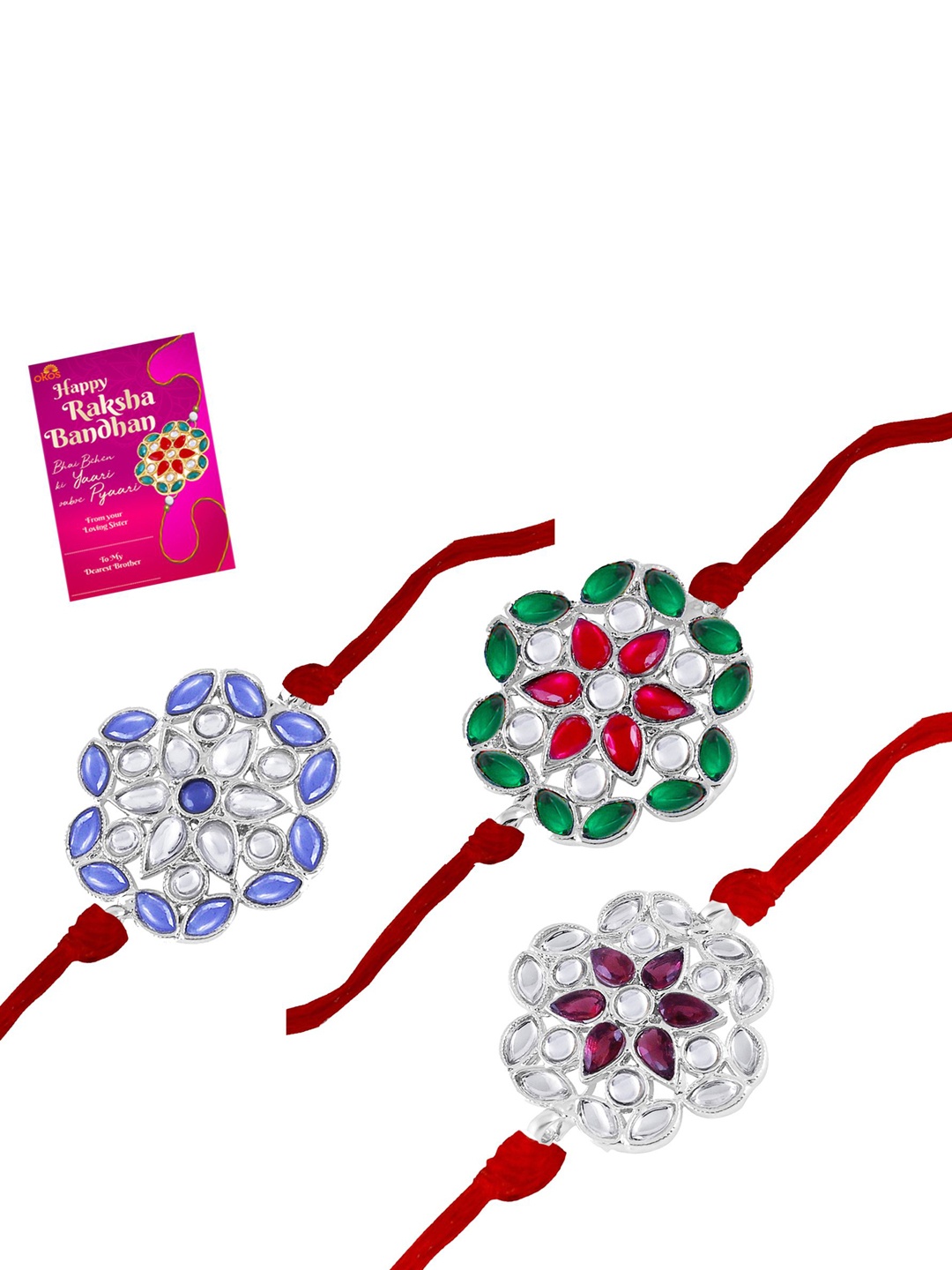 

Okos Set Of 3 Rhodium Plated Stones Studded Thread Rakhi With Greeting Card, Silver