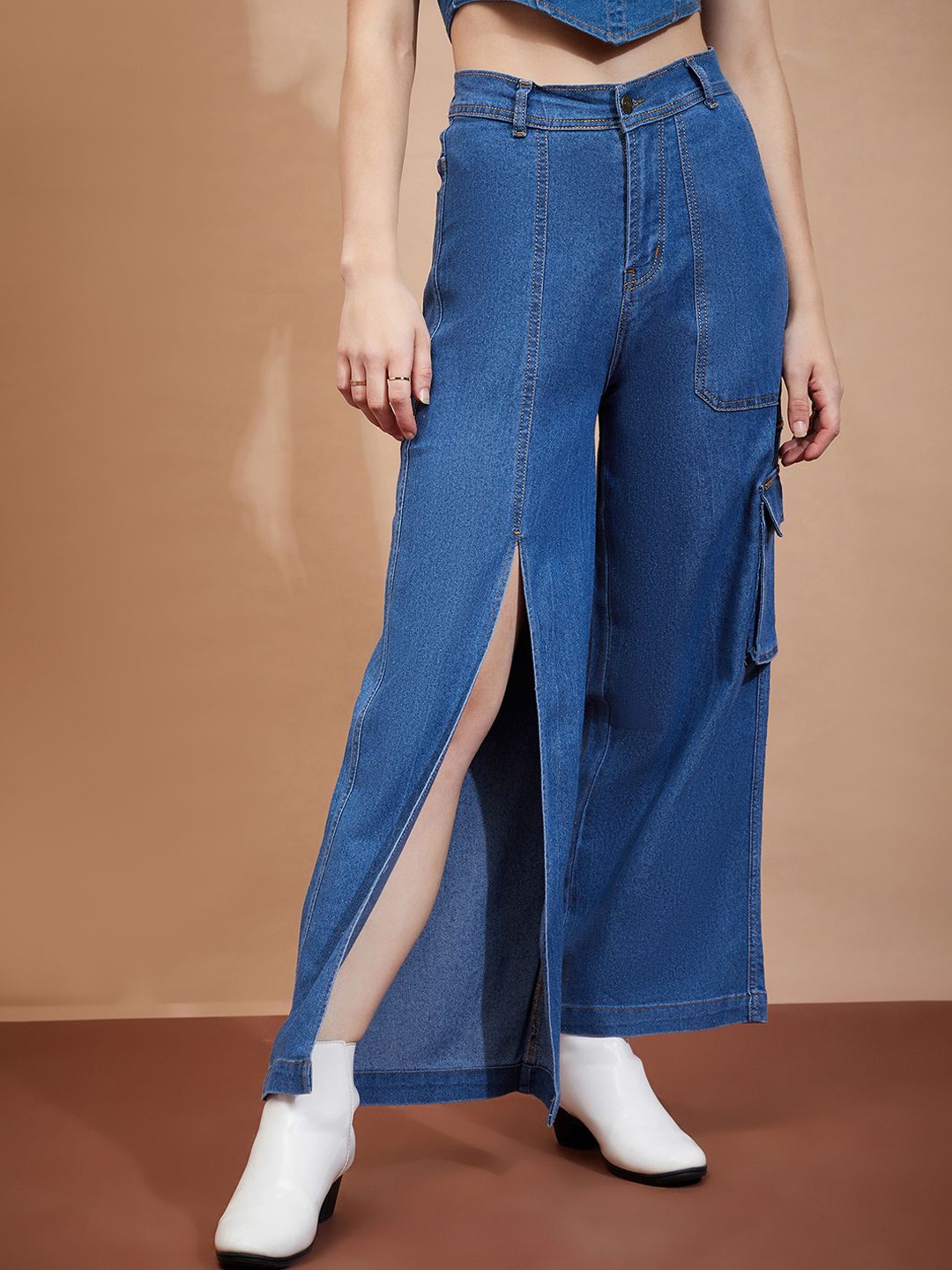 

River Of Design Jeans Women Wide Leg High-Rise Front Slit Stretchable Jeans, Blue