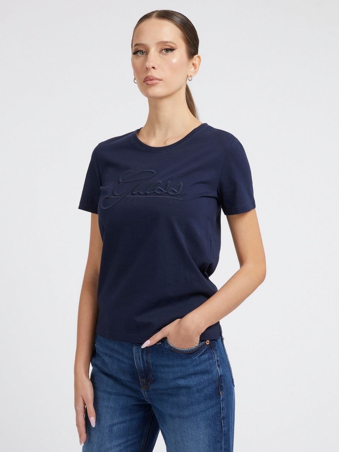 

GUESS Women Typography Printed T-shirt, Navy blue