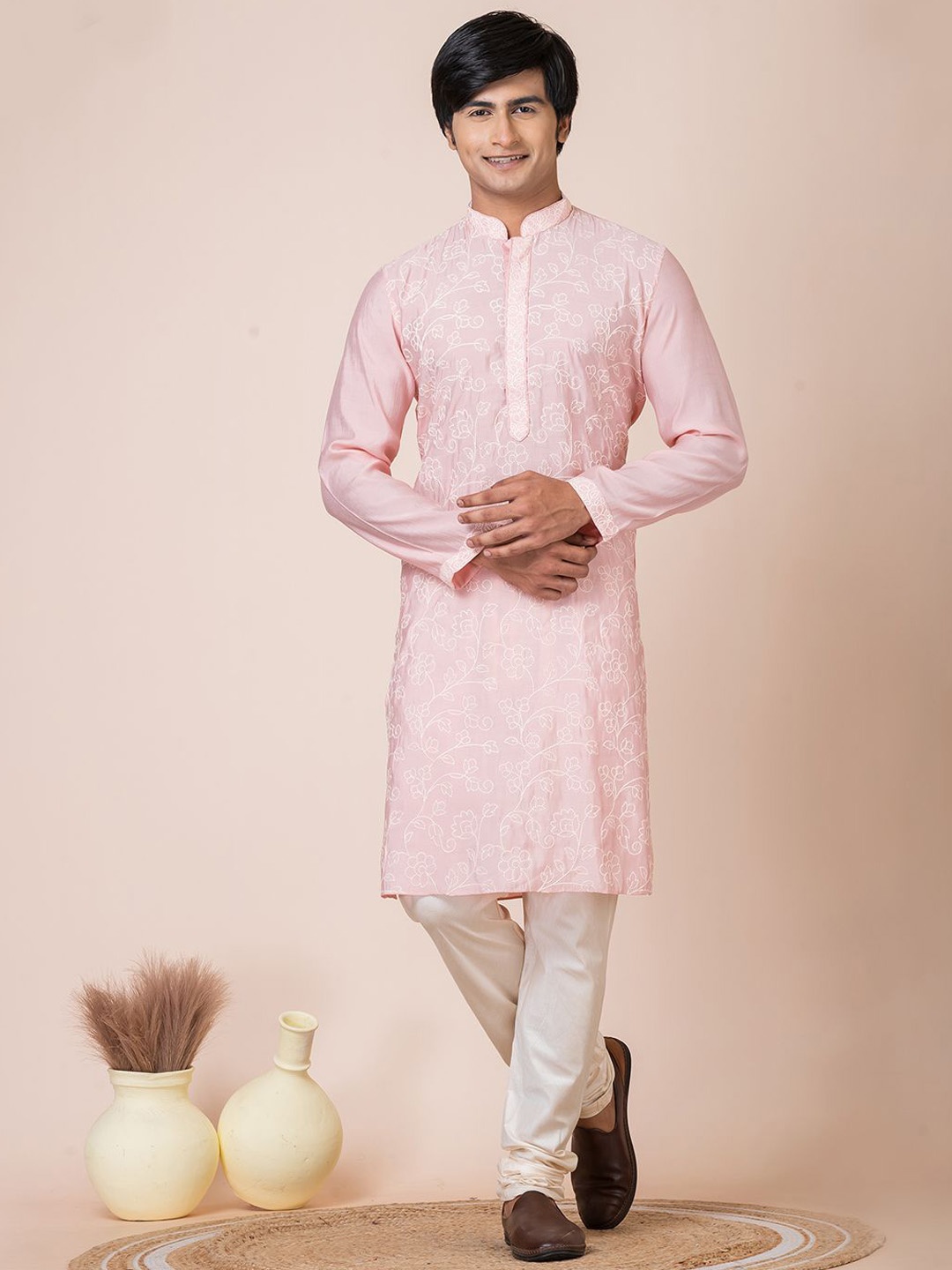 

HU - Handcrafted Uniquely Floral Embroidered Thread Work Chanderi Silk Kurta with Churidar, Pink