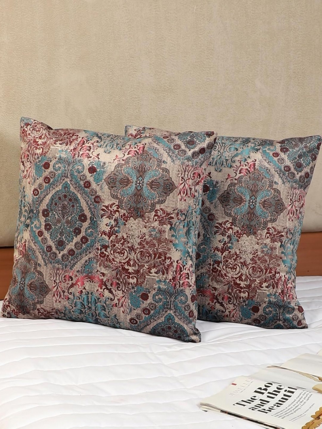 

Decoghar Turquoise 2 Pieces Floral Print Velvet Square Cushion Covers, Blue