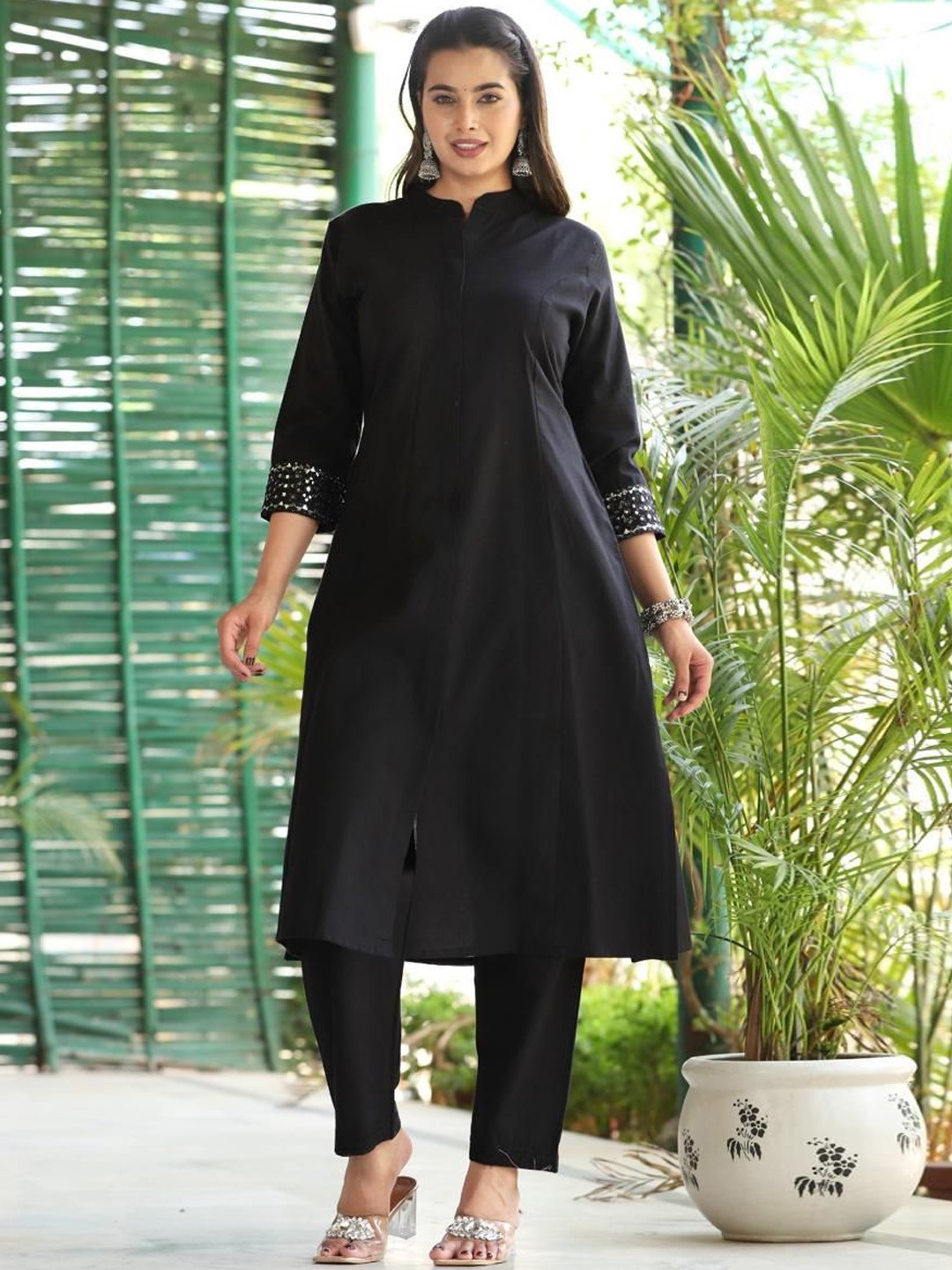 

KALINI Mandarin Collar Mirror Work Pure Cotton A-Line Kurta With Trousers, Black
