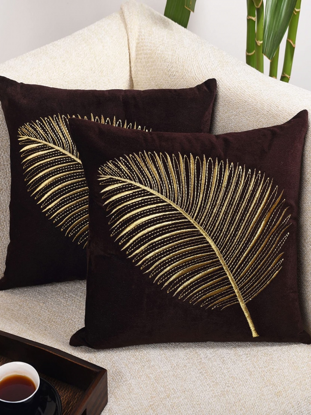 

Decoghar Brown Zari Leaf Embroidered 2 Piece Square Cushion Covers