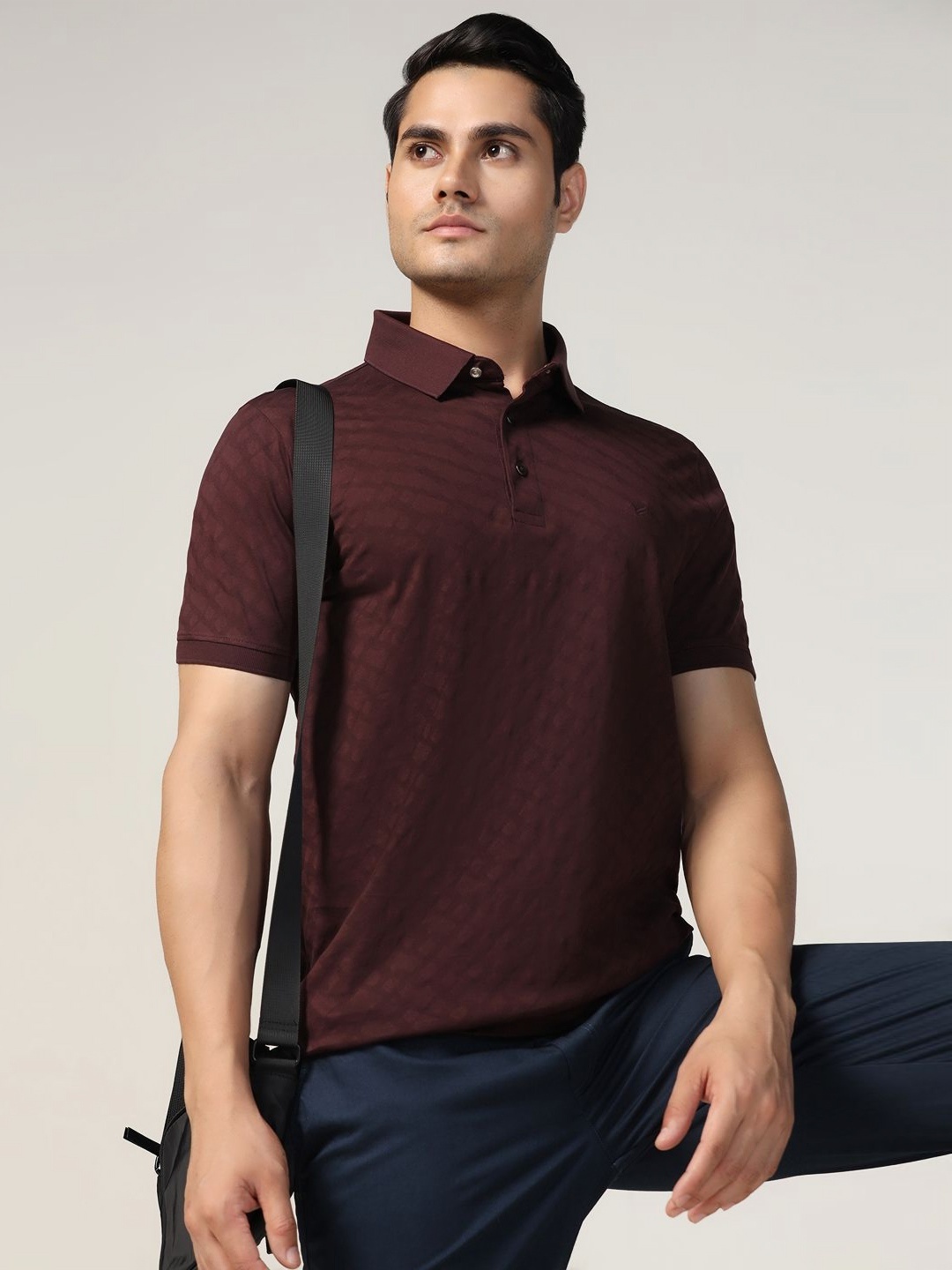 

Blackberrys Men Abstract Printed Polo Collar Cotton Slim Fit T-shirt, Maroon