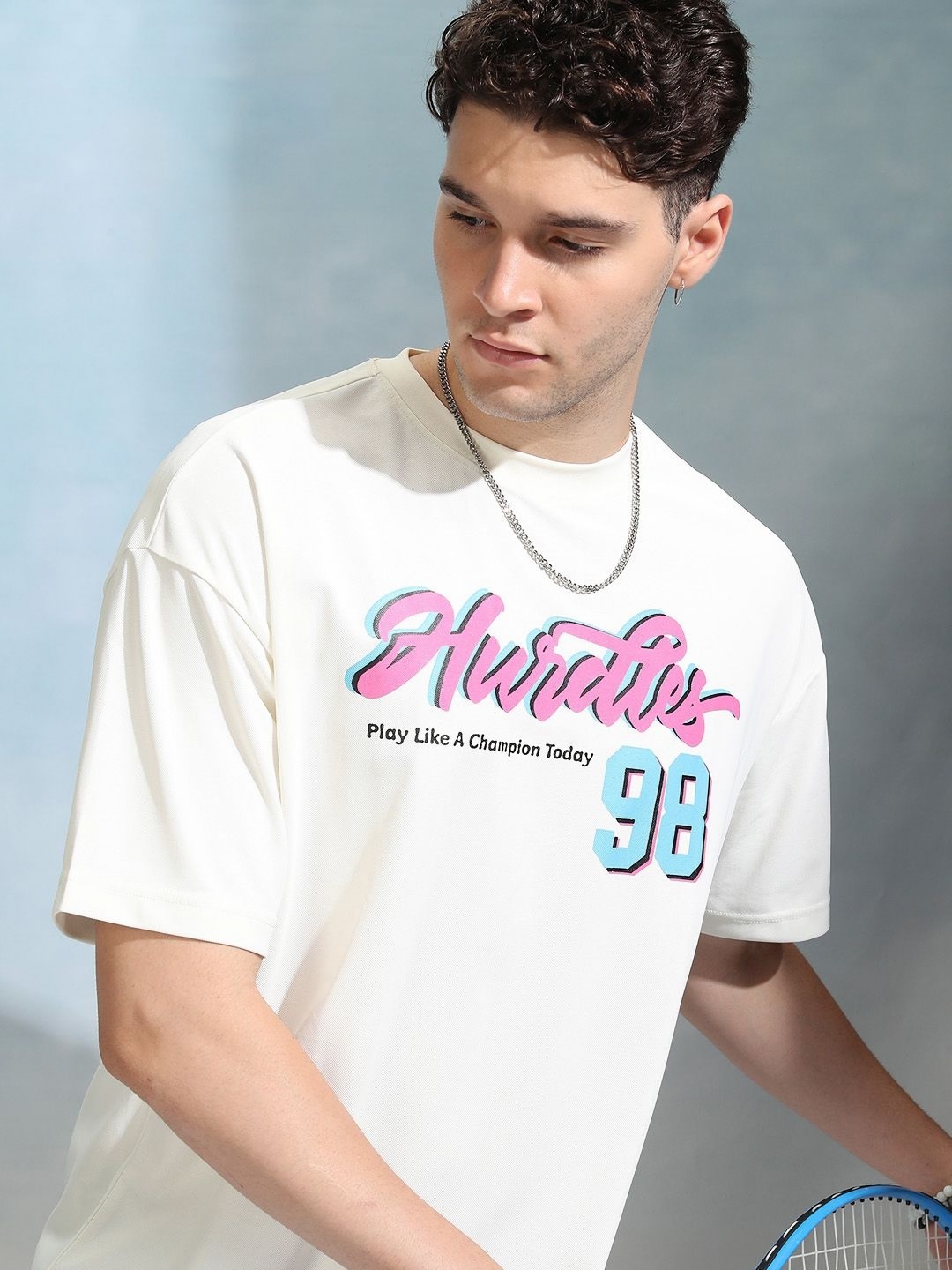 

HIGHLANDER Men Graphic Printed Round Neck Oversized Sports T-Shirt, Off white