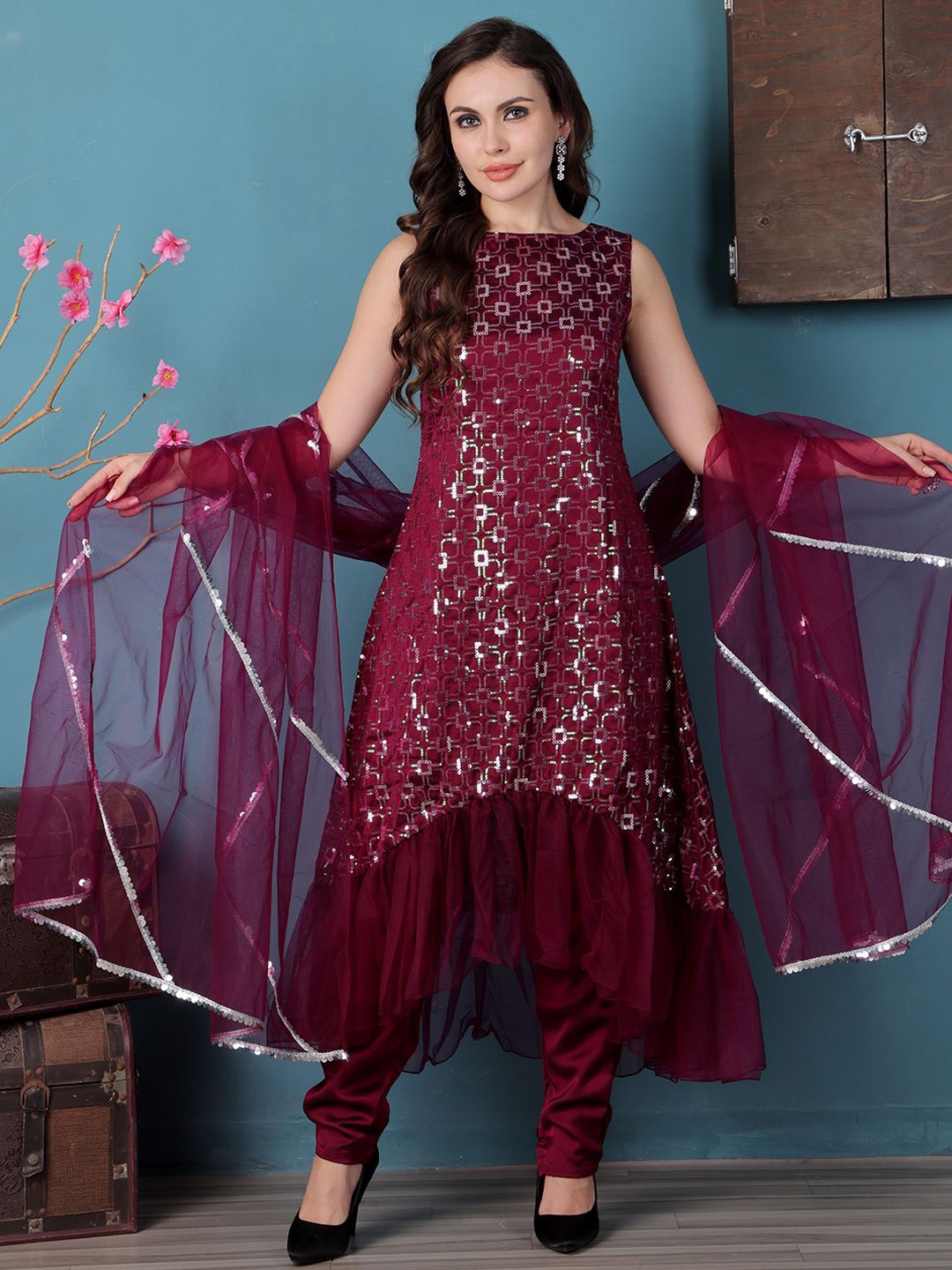 

Ethnovog Geometric Embroidered Sequinned A-Line Kurta with Churidar & Dupatta, Purple