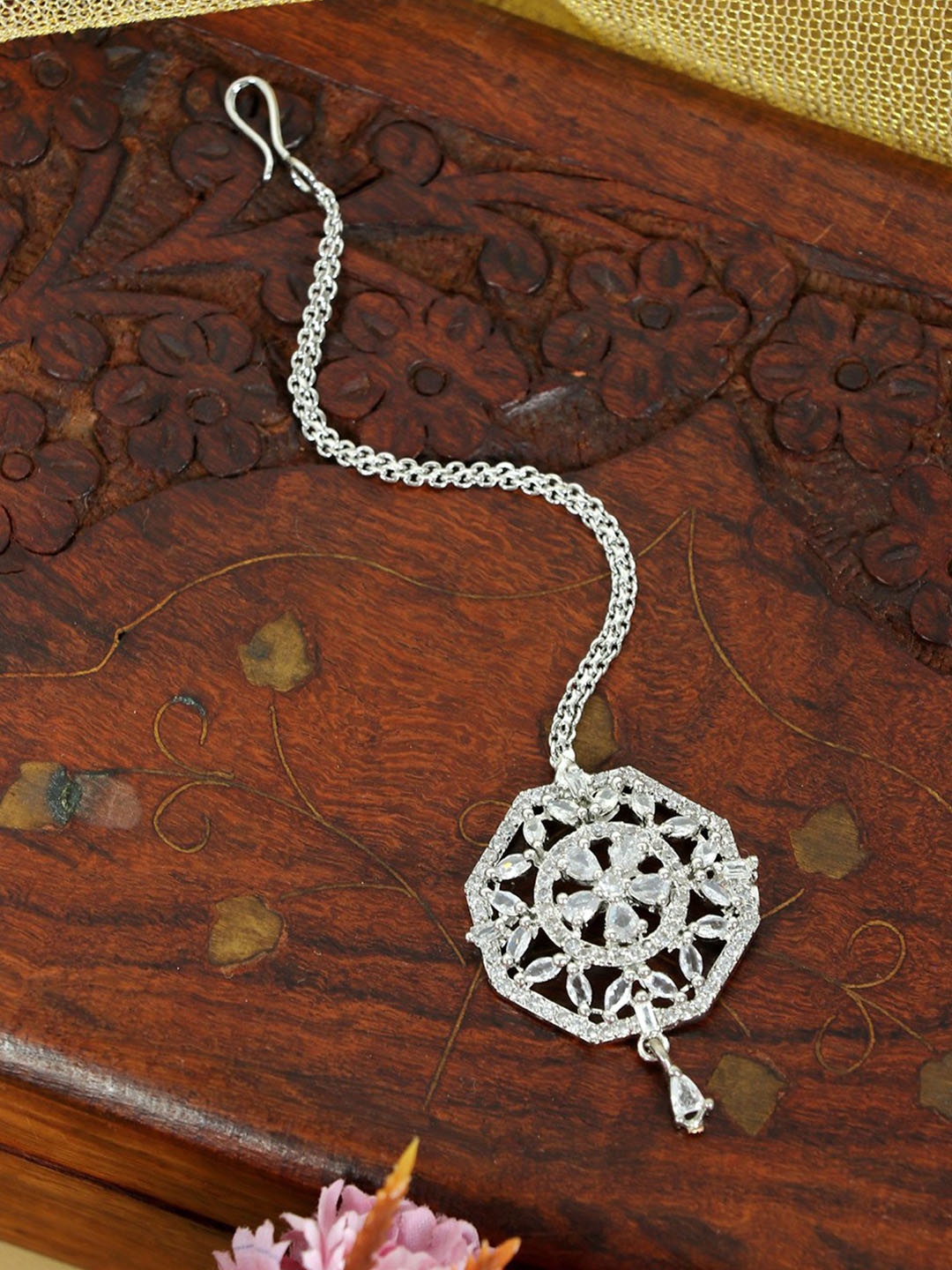 

Zoey Silver-Plated American Diamond Studded Maang Tikka Head Jewellery