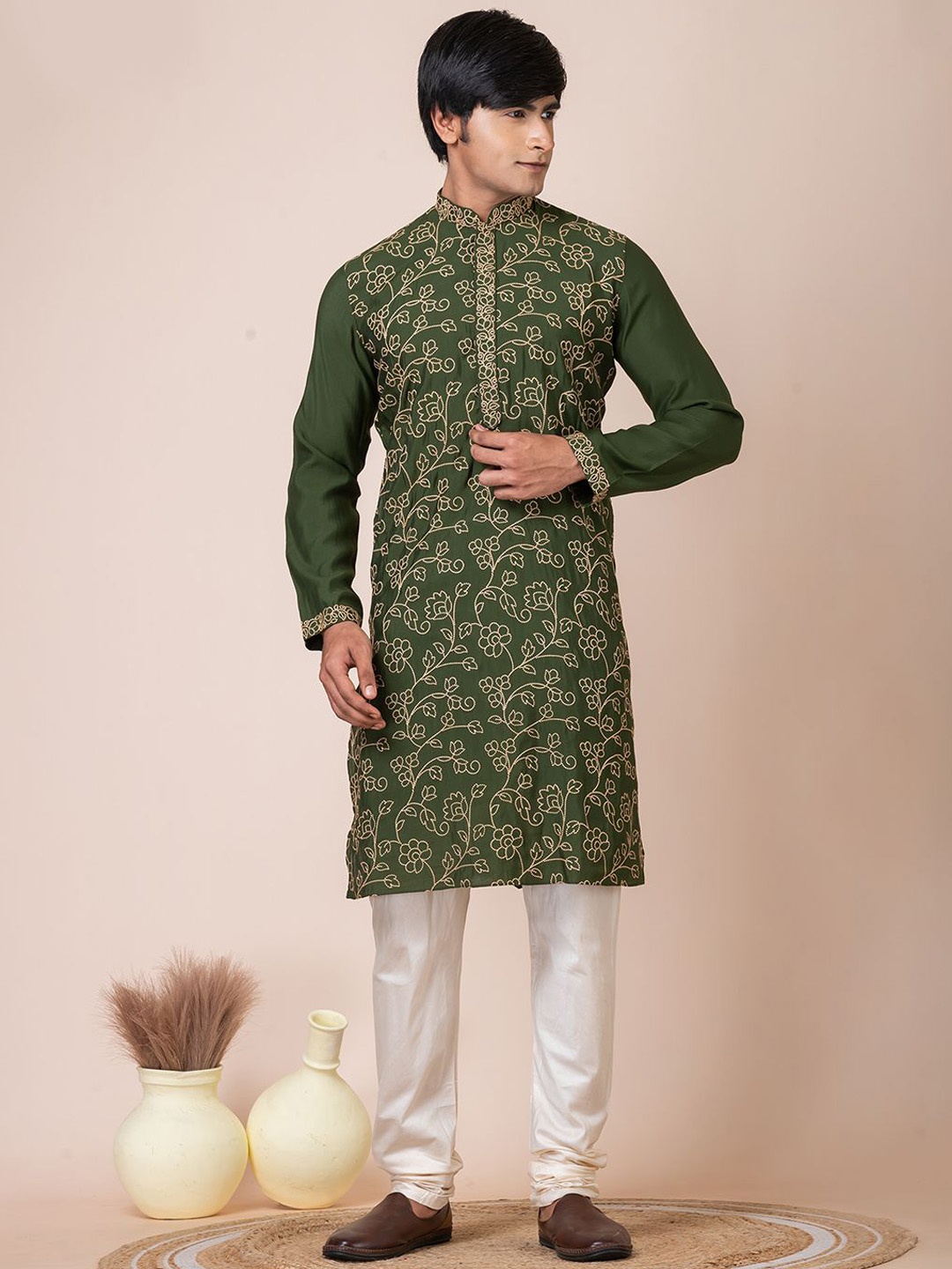 

HU - Handcrafted Uniquely Floral Embroidered Thread Work Chanderi Silk Kurta with Churidar, Green