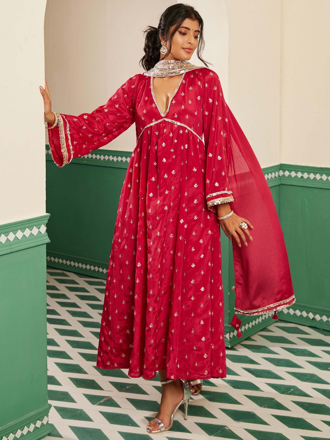 

Alaya By Stage3 Sajda Floral Woven Design Empire Anarkali Kurta With Pyjamas & Dupatta, Red