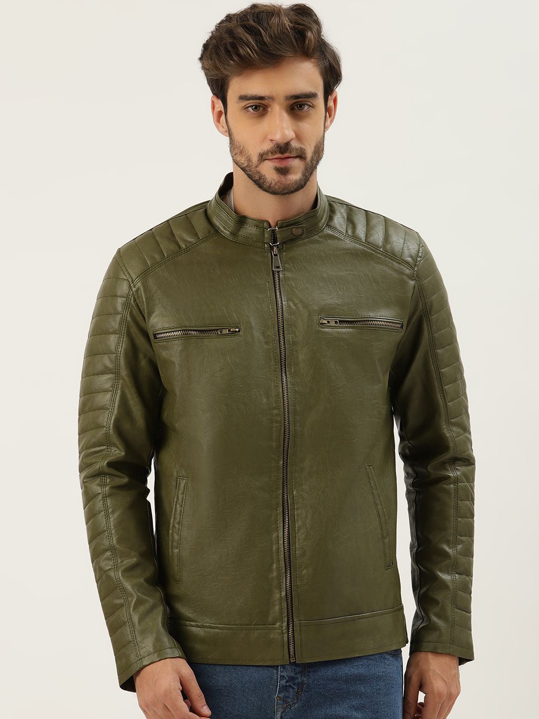 

Leather Retail Men Washed Lightweight Biker Jacket, Green