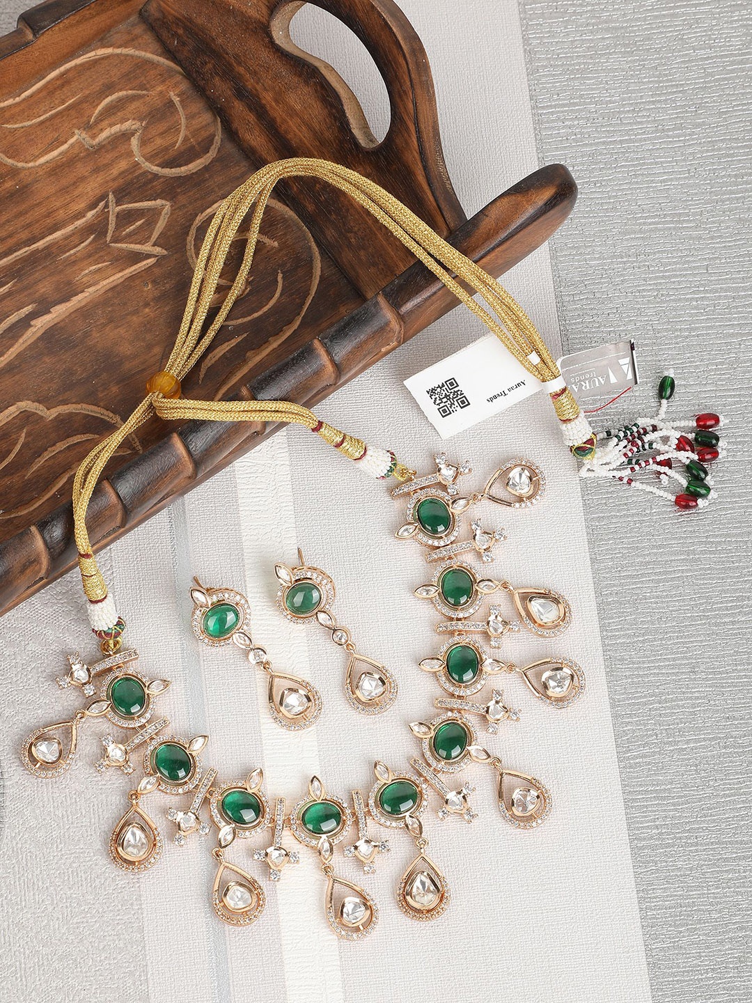 

AURAA TRENDS Rhodium Plated American Diamond Studded Jewellery Set, Gold