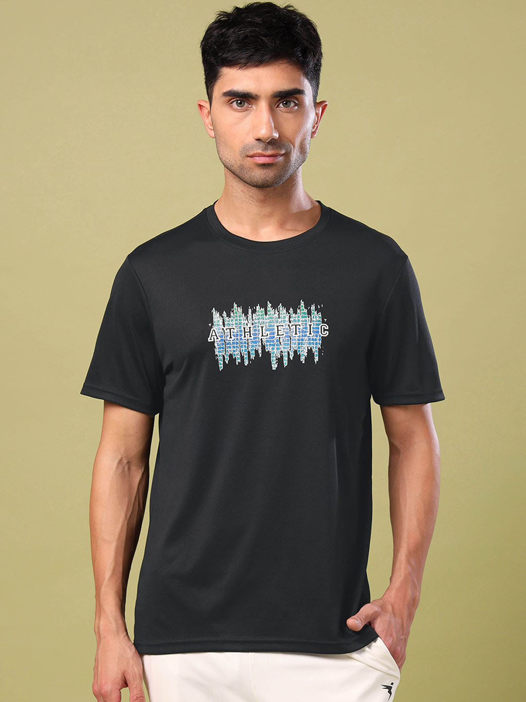 

Technosport Printed Round Neck T-Shirt, Black