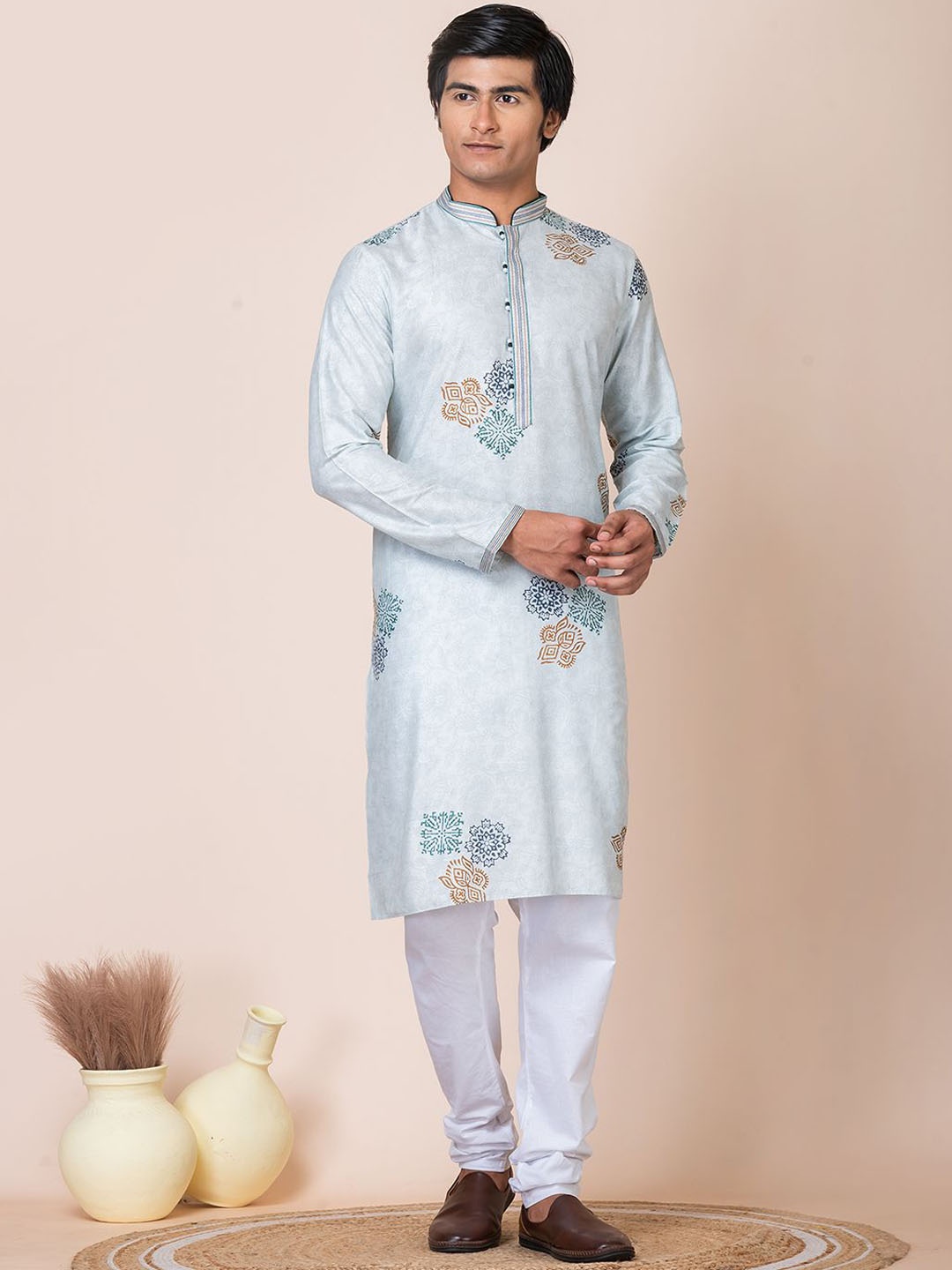 

HU - Handcrafted Uniquely Floral Block & Screen Printed Pure Silk Kurta with Churidar, Blue