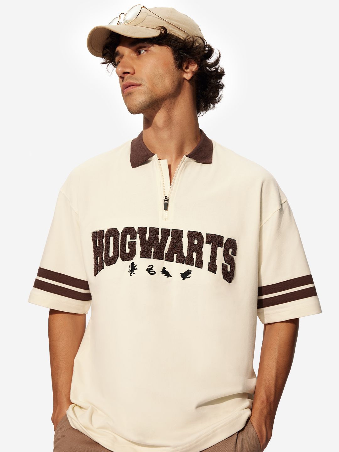 

The Souled Store Men Typography Printed Polo Collar Cotton Oversized T-shirt, Off white