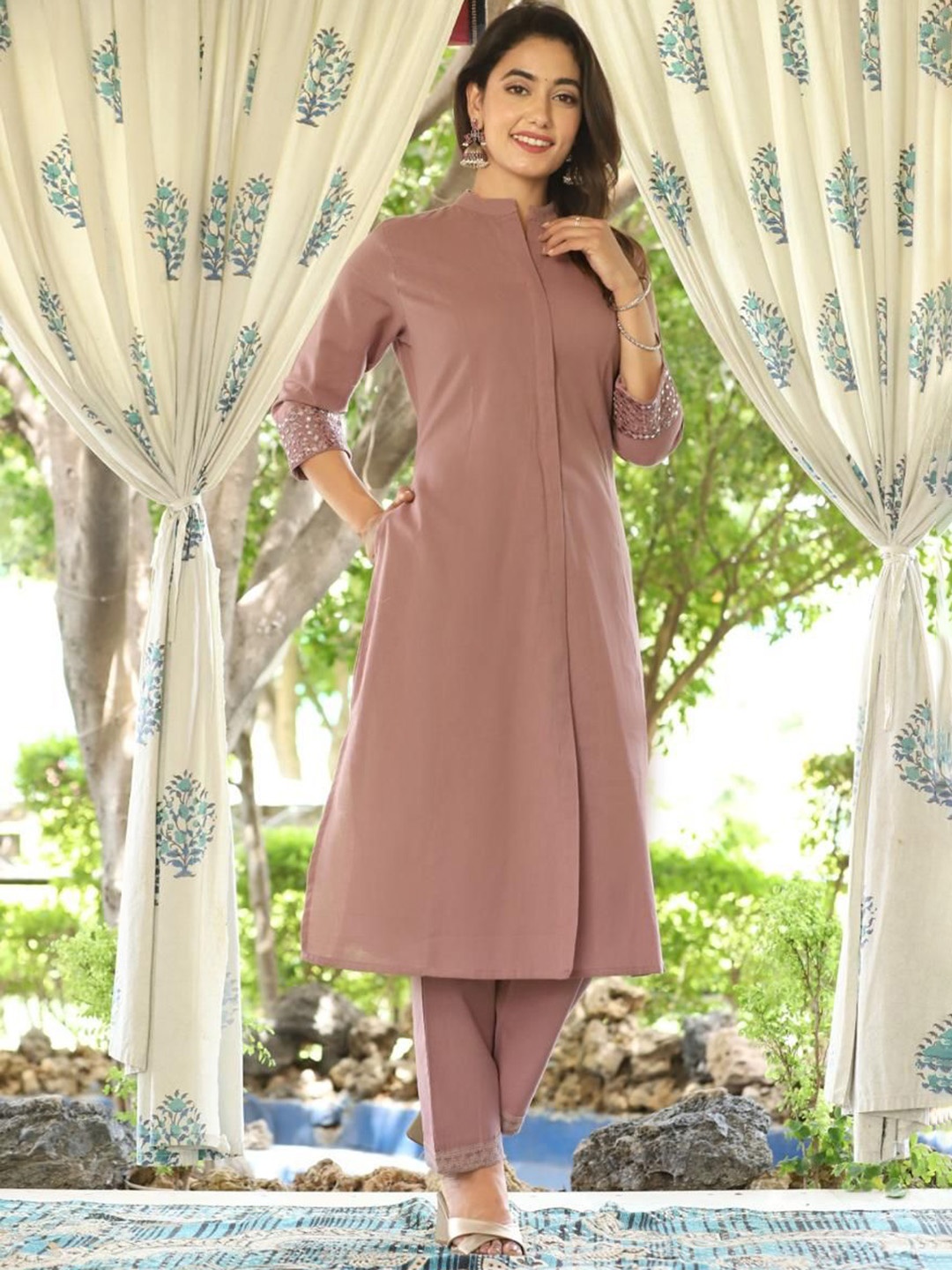 

KALINI Mandarin Collar Mirror Work Pure Cotton A-Line Kurta With Trousers, Rose