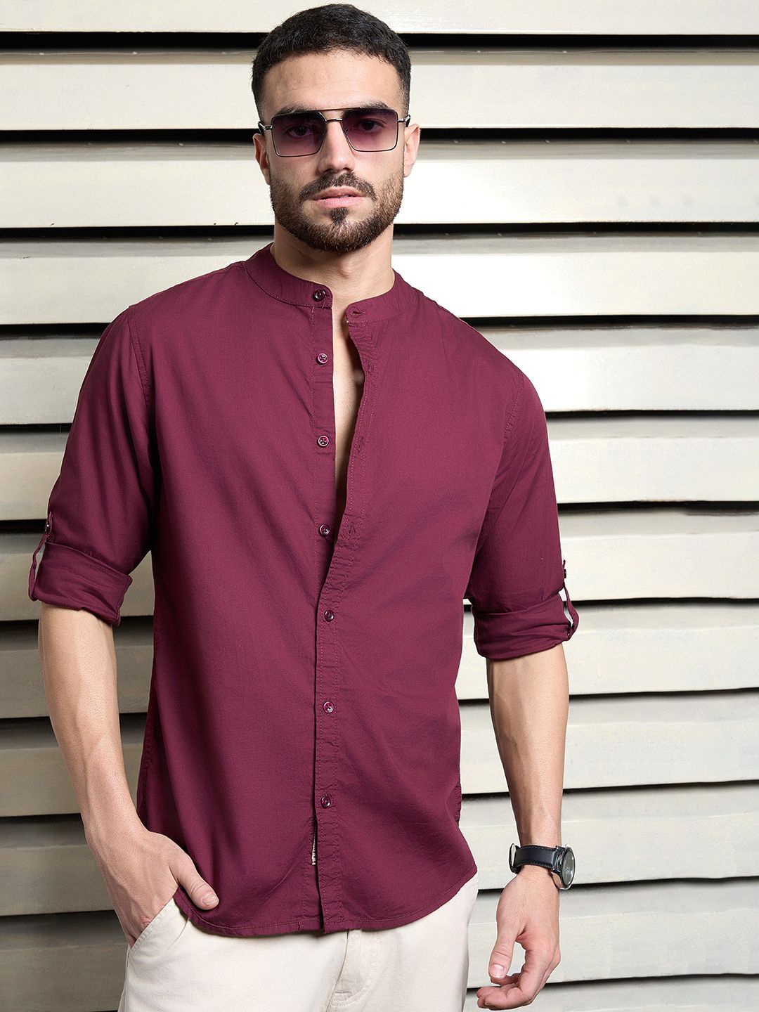 

High Star Men Standard Opaque Striped Casual Shirt, Maroon