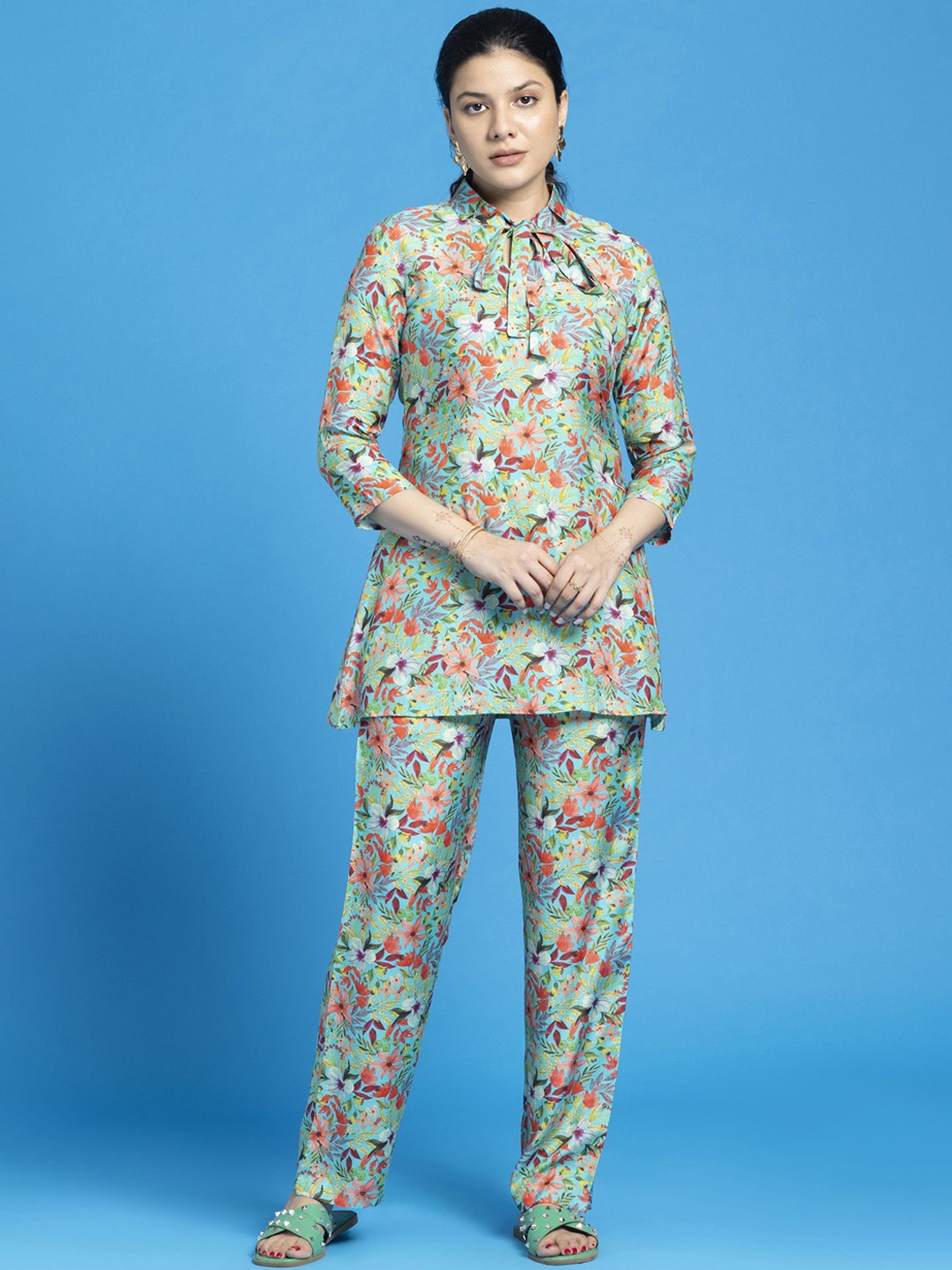 

SEW YOU SOON Floral Printed Tunic With Trousers, Green