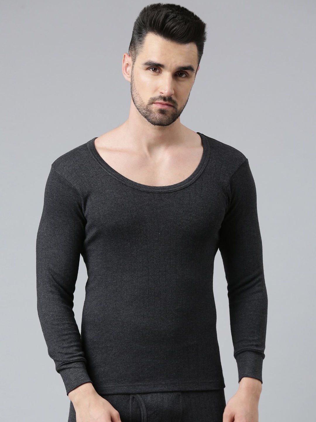 

DIXCY SCOTT Solid Round Neck Full Sleeves Thermal Tops, Grey melange