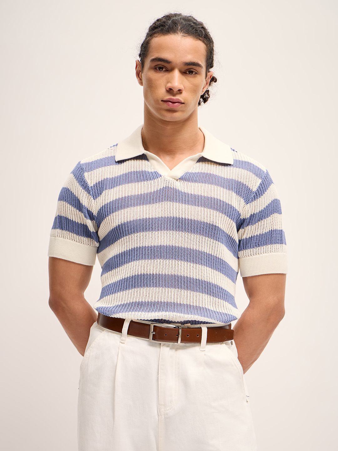 

THE BEAR HOUSE Self Design Striped Relaxed Fit Polo Collar T-Shirt, White