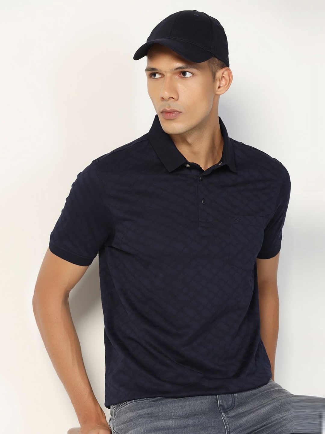 

Blackberrys Men Abstract Printed Polo Collar Cotton Slim Fit T-shirt, Navy blue