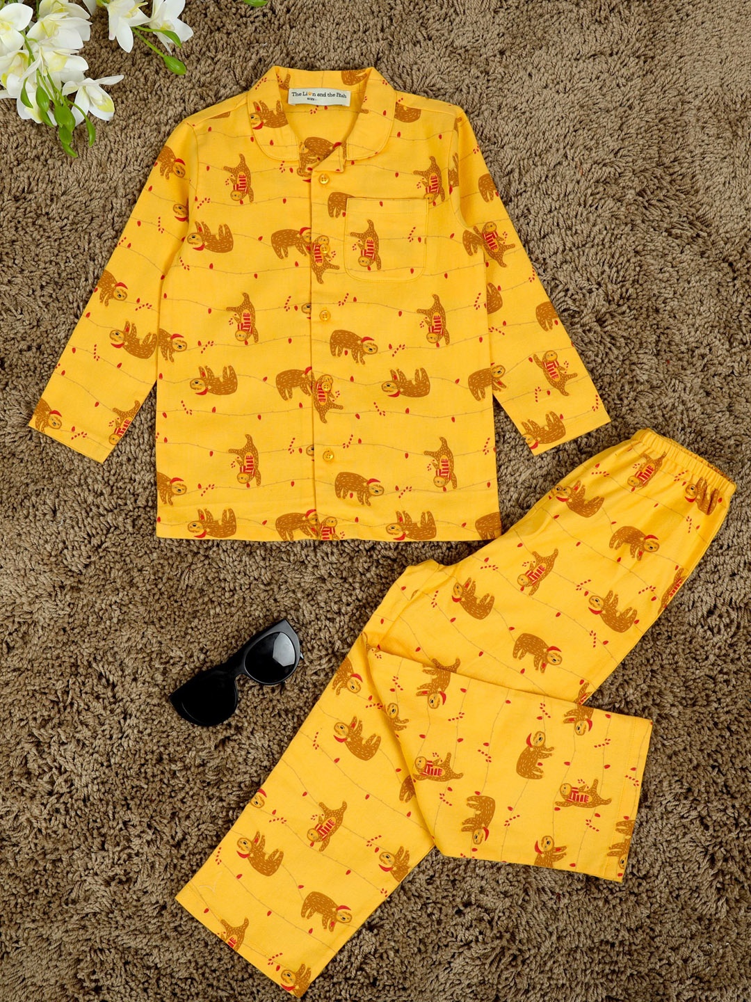 

The Lion and The Fish Boys Pure Cotton Printed Night suit, Yellow