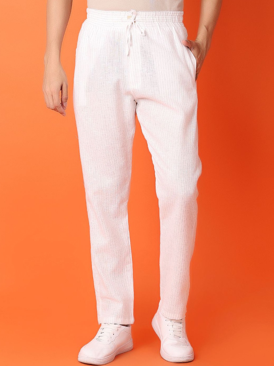 

V-Mart Men Striped Mid Rise Track Pants, Cream