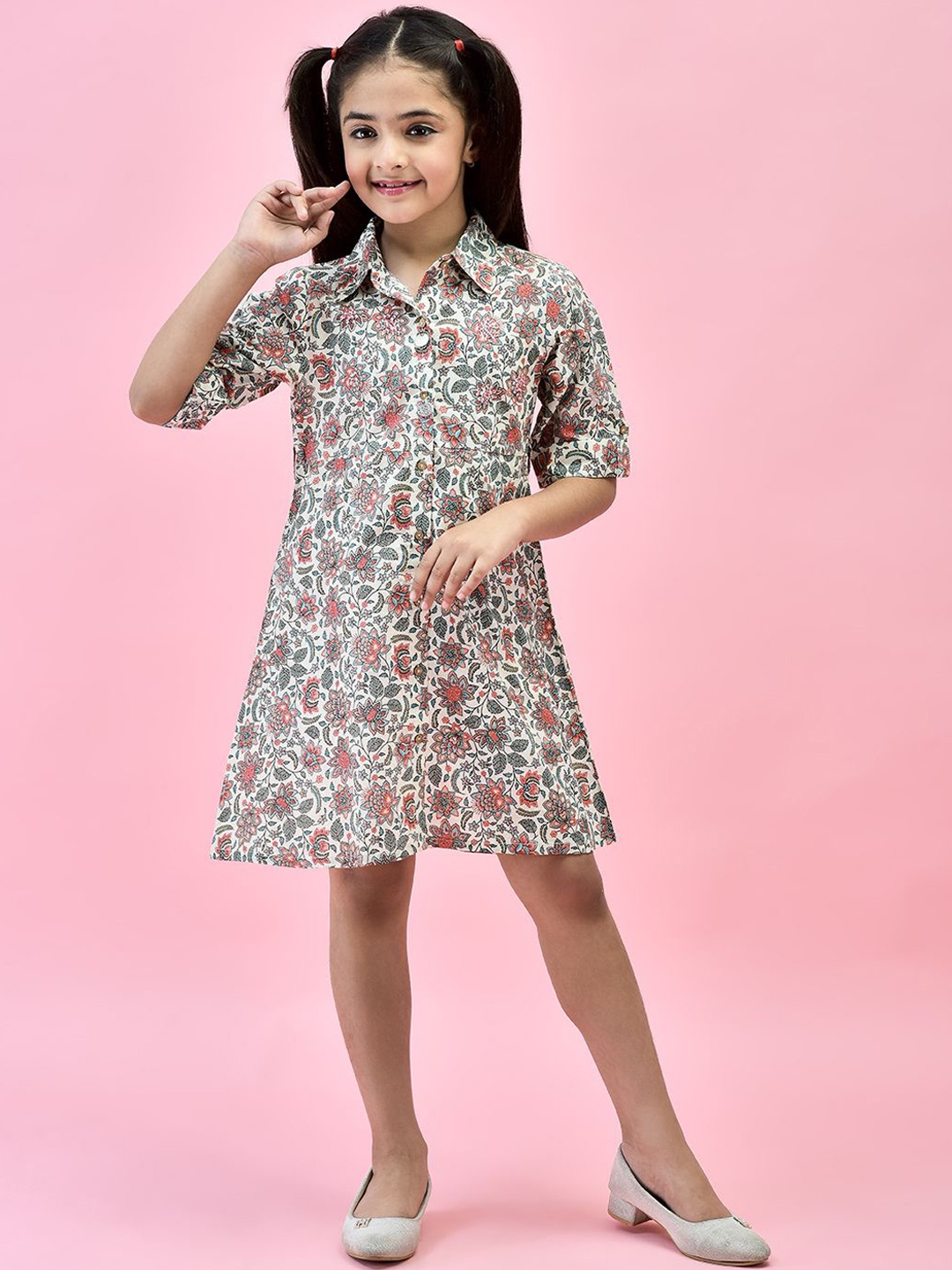 

Juniper Girls Floral Printed Roll-Up Sleeves Cotton Shirt Dress, White