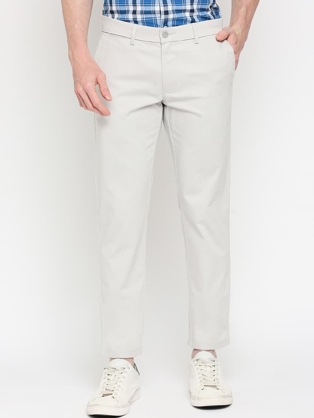 

Basics Men Cotton Mid-Rise Flat-Front Slim Fit Trousers, Grey