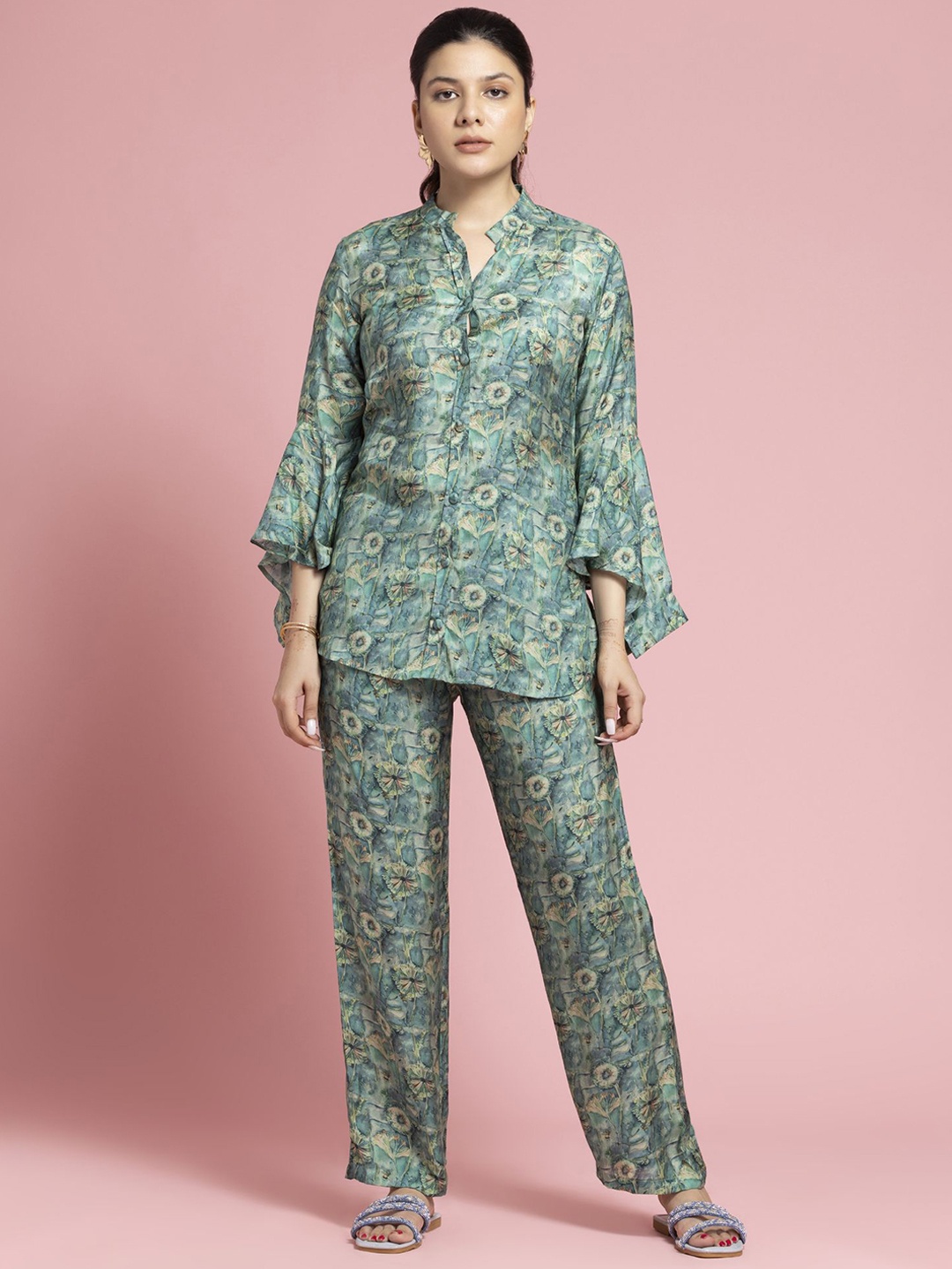 

SEW YOU SOON Floral Printed Shirt With Trousers, Green