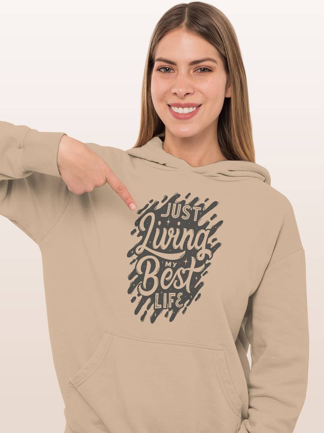 

macmerise Women Printed Hooded Sweatshirt, Beige